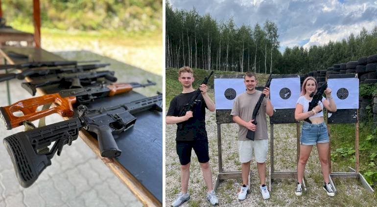 Różne rodzaje broni i klienci strzelnicy