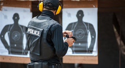 Policjant w Kamizelce Kuloodpornej Trenuje Strzelanie do Celu.