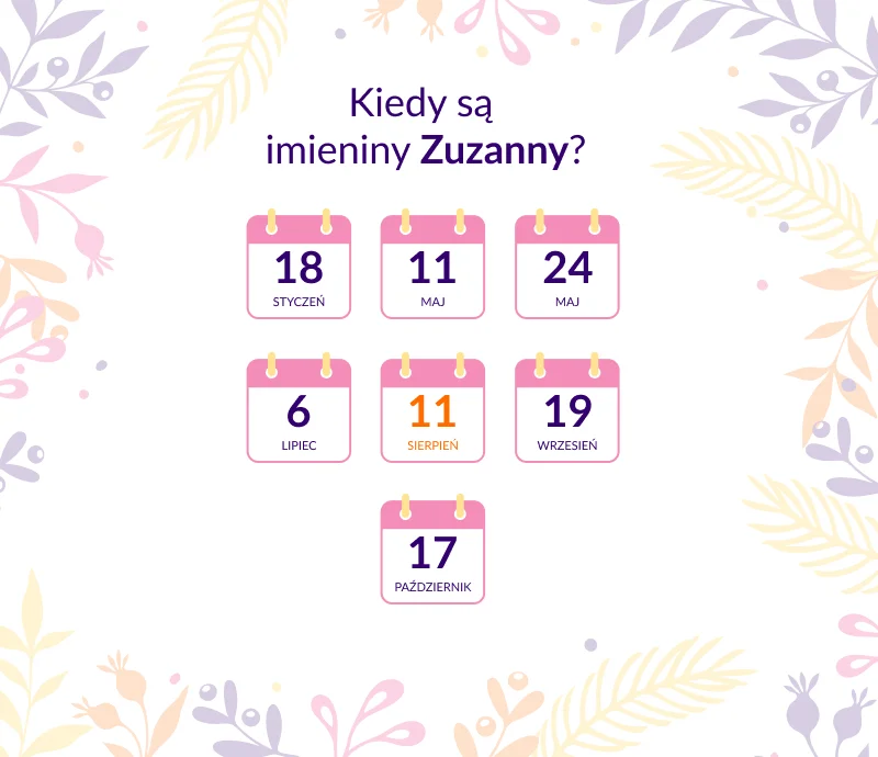 Kiedy są imieniny Zuzanny? kalendarz imienin Zuzanny - infografika
